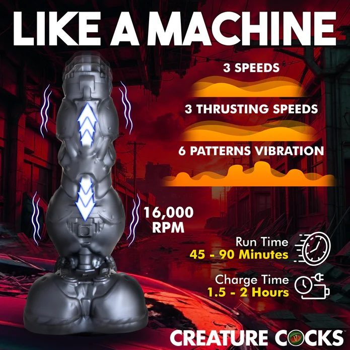 Enter a realm of futuristic pleasure with the Fantasy Dildo,... Creature Cocks - Cyborg Thrusting Vibro Dildo - Silver photo-3