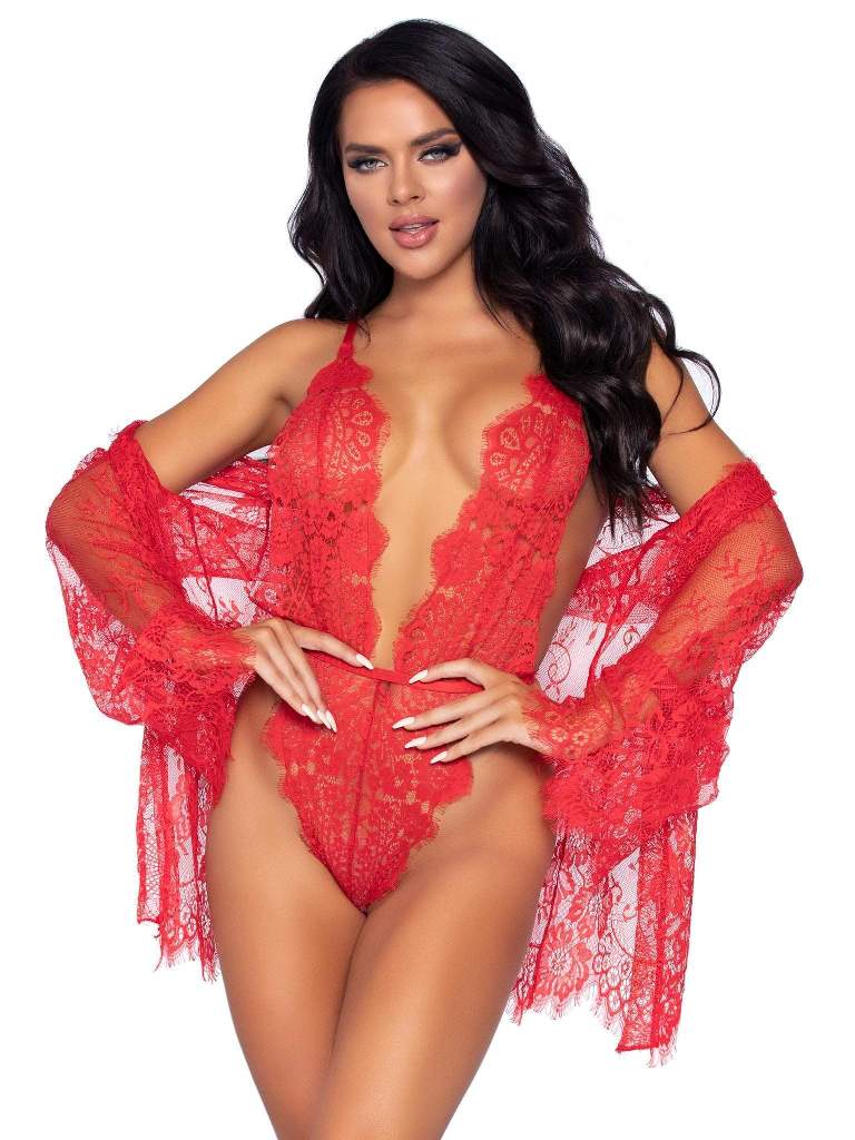 Get lost in the romance of this gorgeous 2 PC lingerie teddy... Leg Avenue - Love Affair Robe & Teddy Set - Red - M photo-3
