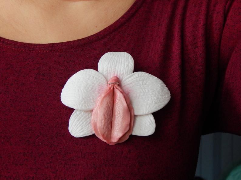 Pink vulva jewelry, Pussy pin, Vulva flower, Yoni brooch, Er... Big White Statement Orchid Vagina Brooch photo-8