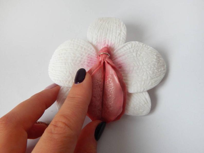Pink vulva jewelry, Pussy pin, Vulva flower, Yoni brooch, Er... Big White Statement Orchid Vagina Brooch photo-4