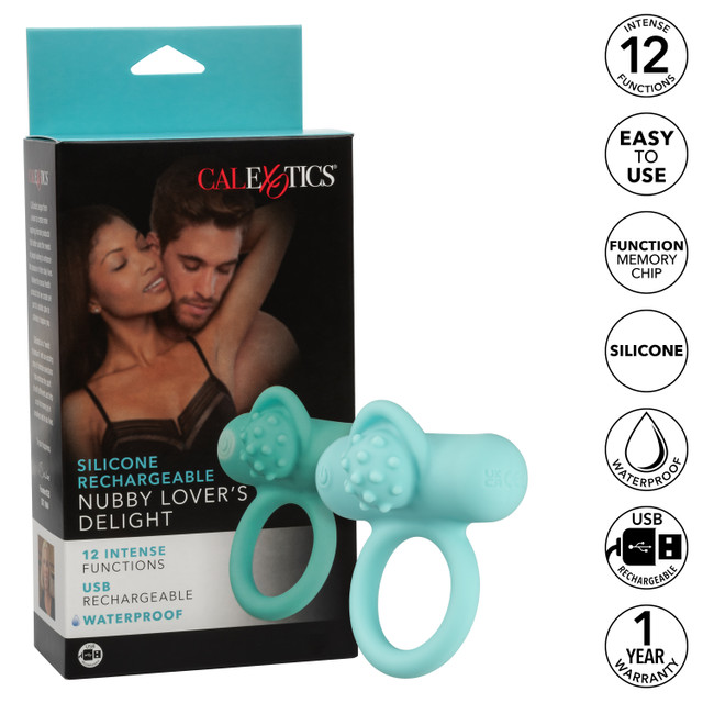 The Silicone Rechargeable Nubby Lover's Delight mixes 12 int... CEN - Nubby Lovers Vibro Ring - Blue photo-10