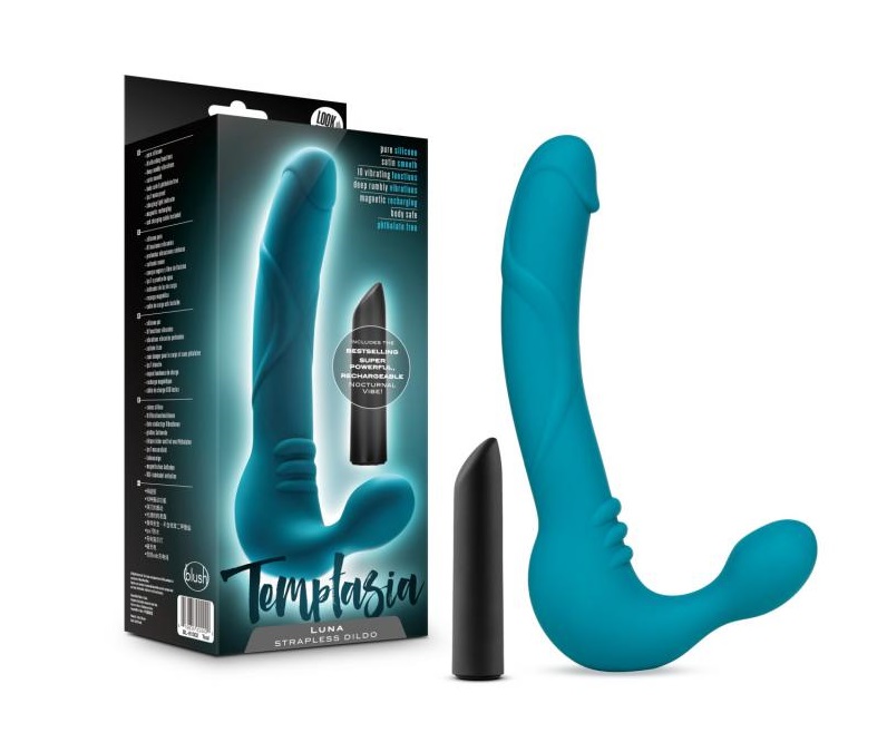 The Temptasia Luna Strapless Dildo with Vibrating Bullet bri... Temptasia - Luna Vibro Strap-On - Teal photo-4