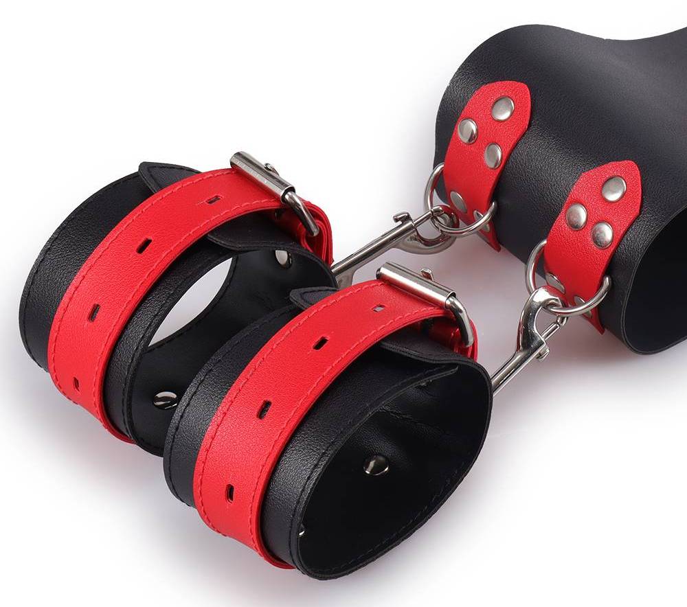 Black & red, soft PU leather, waist belt and two cuffs, join... MT - Waist Band w Handcuffs - Black photo-11