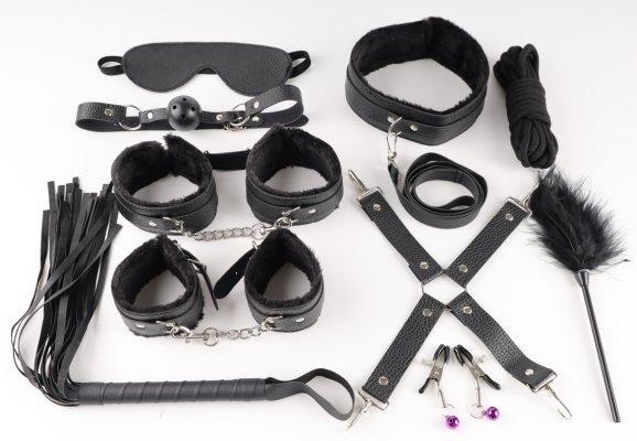 11 kits bondage set with fluff include collar with leash, ha... MT - Bondage Set 11pcs w Fluff - Black photo-2