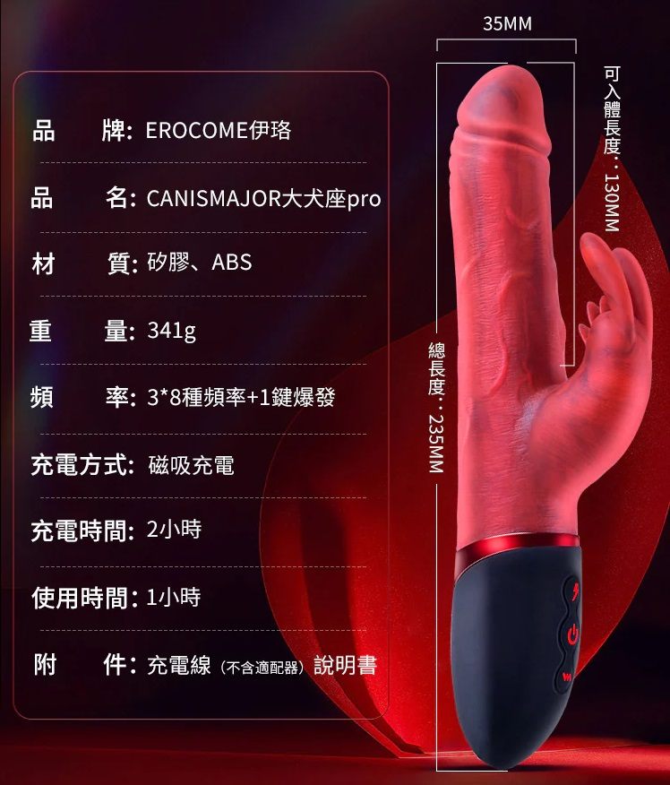 Canismajor Pro is an upgraded model with real sensual feelin... Erocome - Canismajor Pro Thrust Realistic Vibrator - Red photo-13