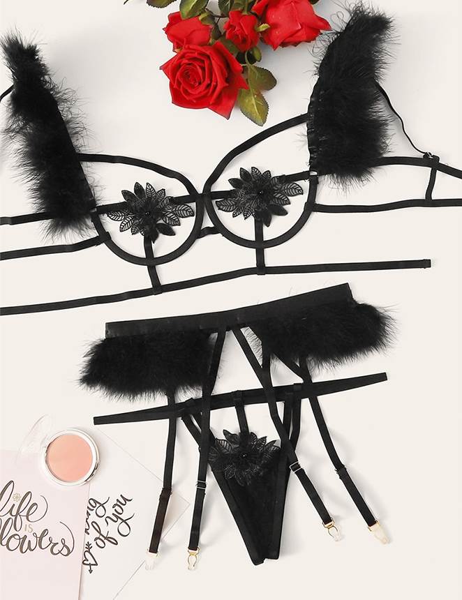 Sexy 3pcs Black Elegant Embroidery Applique Feather Bra Pant... Ohyeah - Feather Underwire Set - Black - M photo-7