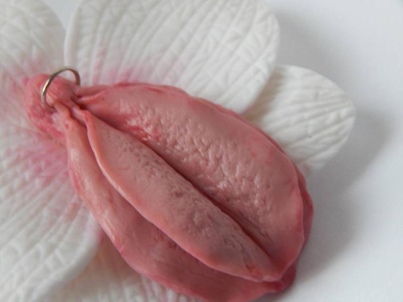 Pink vulva jewelry, Pussy pin, Vulva flower, Yoni brooch, Er... Big White Statement Orchid Vagina Brooch photo-7