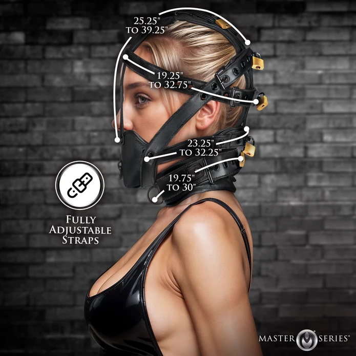 This vegan leather head harness with a muzzle is the perfect... Master Series - Lockable Head Harness - Black photo-5