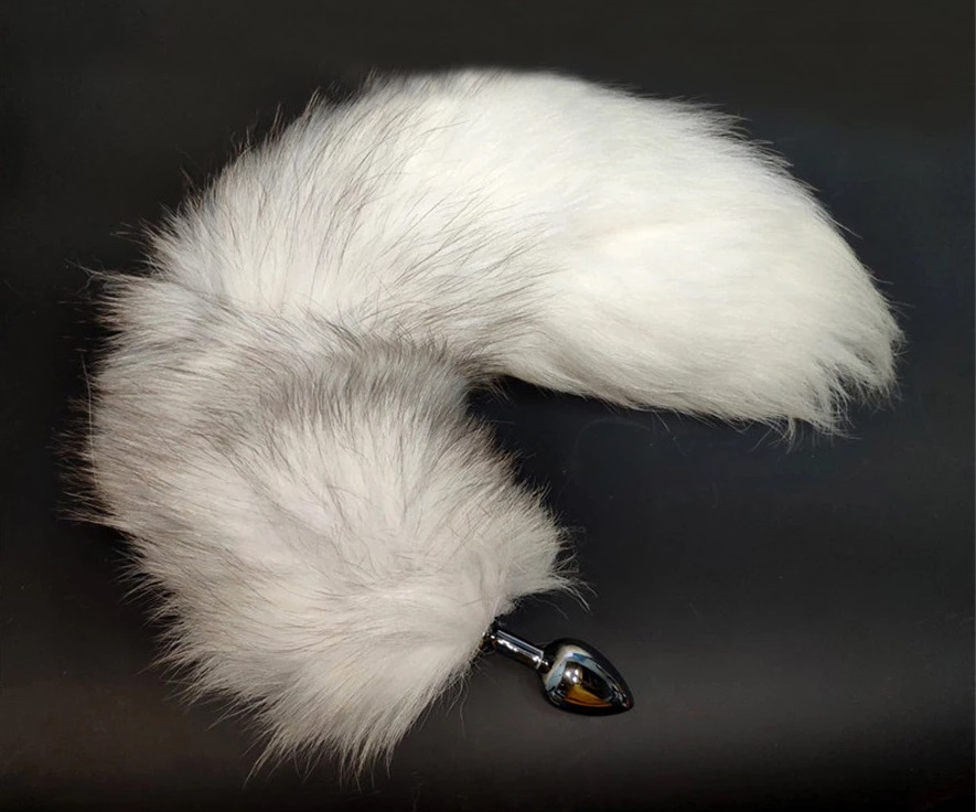 Real fur with medium silver metal anal plug MT - Real Fur Tail Plug - Grey photo-3