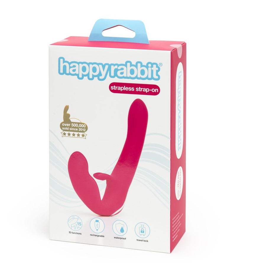 Double harness with bunny-shaped stimulator made of silicone... Happy Rabbit - Vibrating Strapless Strap-On - Pink photo-6