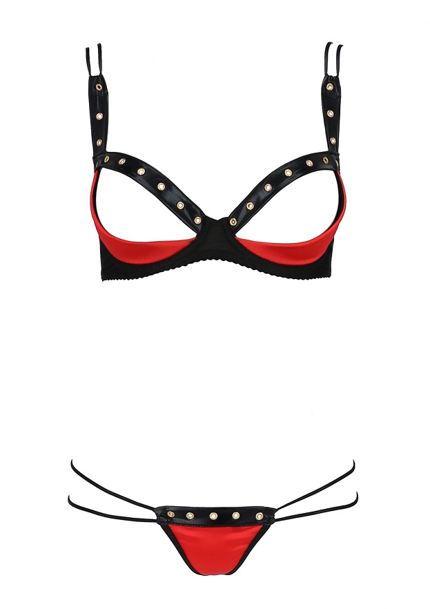 Set by PASSION made of elastic satin and tulle. Open bra bra... Passion - Midori Set w Open Bra - Red - S/M photo-5