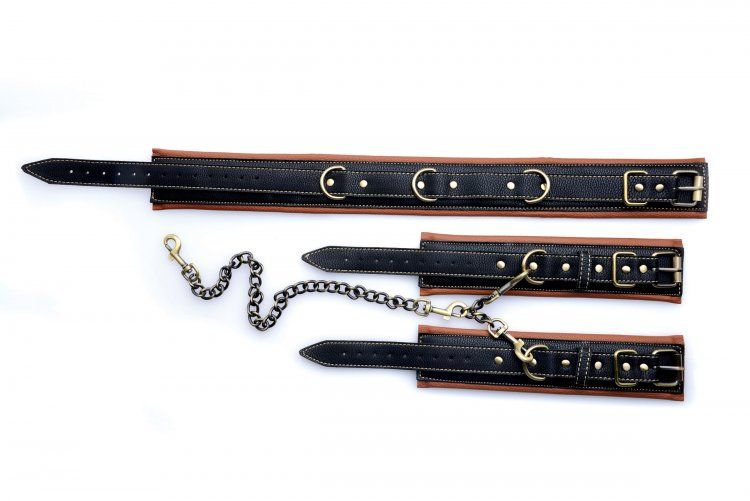 Lock up your slave in this attractive and unique collar to w... Master Series - Coax Collar to Wrist Restraints - Brown photo-4