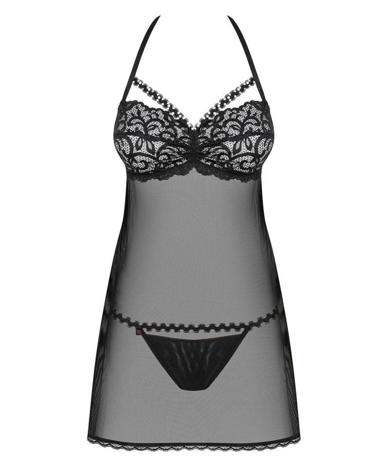 Lovely lace, delicate mesh, temptingly exposed bottom – we p... Obsessive - Joylace Babydoll - Black - S/M photo-7