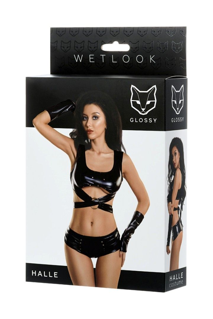 A spicy 3-piece set: a top with ties, mittens and mini-short... Glossy - Halle Wetlook Set - Black - M photo-5