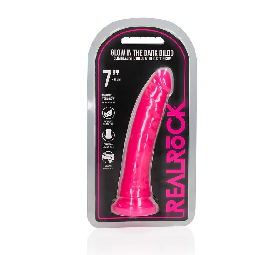 Ready for a GLOW IN THE DARK experience? Reach your finest c... RealRock - 7" Glow Slim Realistic Dildo - Pink photo-8