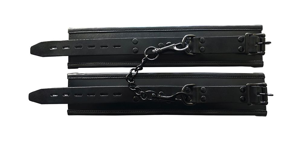 This luxury padded leather wrist cuffs are perfect for all p... Rouge - Leather Padded Wrist Cuffs - Total Black photo-2