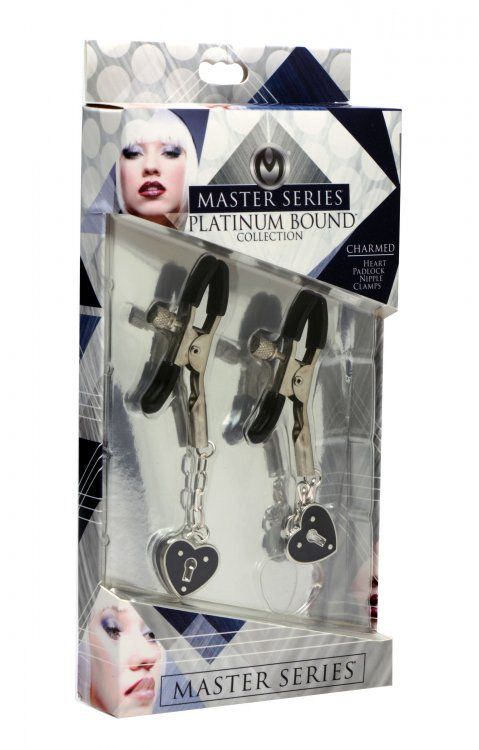 These easy to use clamps have a simple screw-down design, ac... Master Series - Charmed Heart Padlock Nipple Clamps - Black photo-4