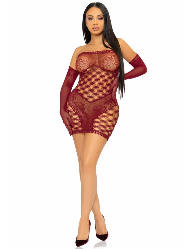 Heat up the night in this ultra-sexy net and lace dress set ... Leg Avenue - Waiting Game Dress Set - Burgundy photo-5