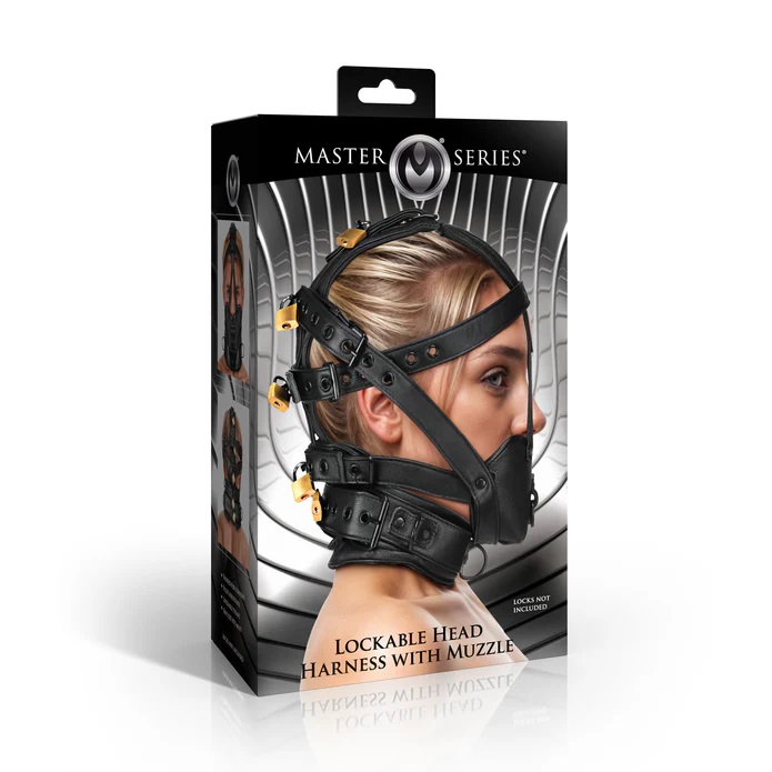 This vegan leather head harness with a muzzle is the perfect... Master Series - Lockable Head Harness - Black photo-6