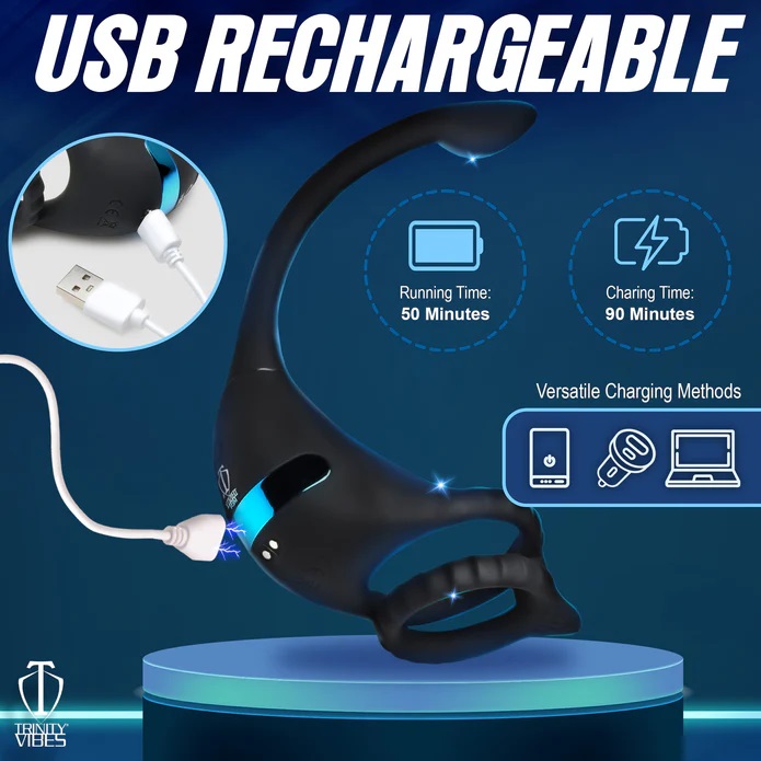 Your prostate is begging to be milked. This vibrating C-ring... Trinity Vibes - Vibro C-Ring w Anal Stimulator - Black photo-6