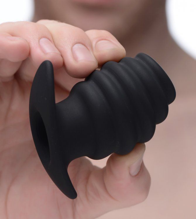 Ribbed for your anal pleasure, this hollow butt plug is avai... Master Series - Hive Ass Hollow Anal Plug S-size - Black photo-2