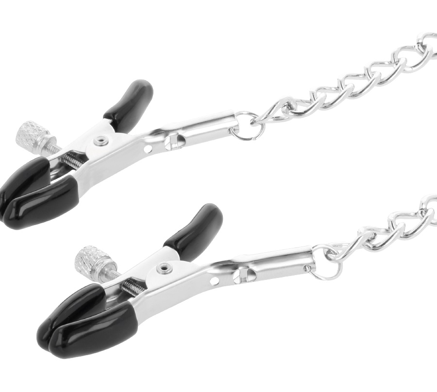 Glamorous and daring necklace, joined by a silver chain to n... Darkness - Collar w Nipple Clamps - Black photo-2