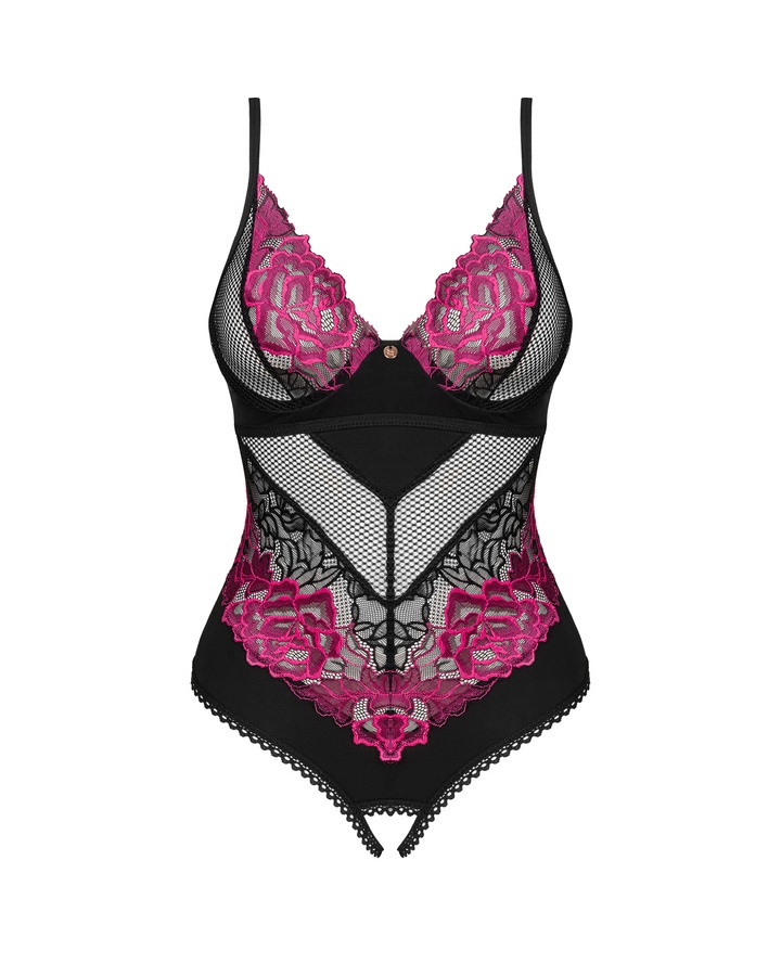 Get ready for a romantic evening by candlelight and ignite t... Obsessive - Rosenty Crotchless Teddy - Black - M/L photo-3