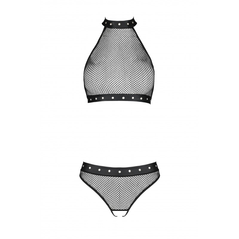 Sensual mesh covering feminine assets, leather inserts, deco... Passion - Moonlight Crotchless Set - Black - S/M photo-5