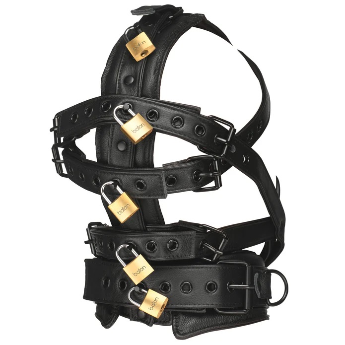 This vegan leather head harness with a muzzle is the perfect... Master Series - Lockable Head Harness - Black photo-4