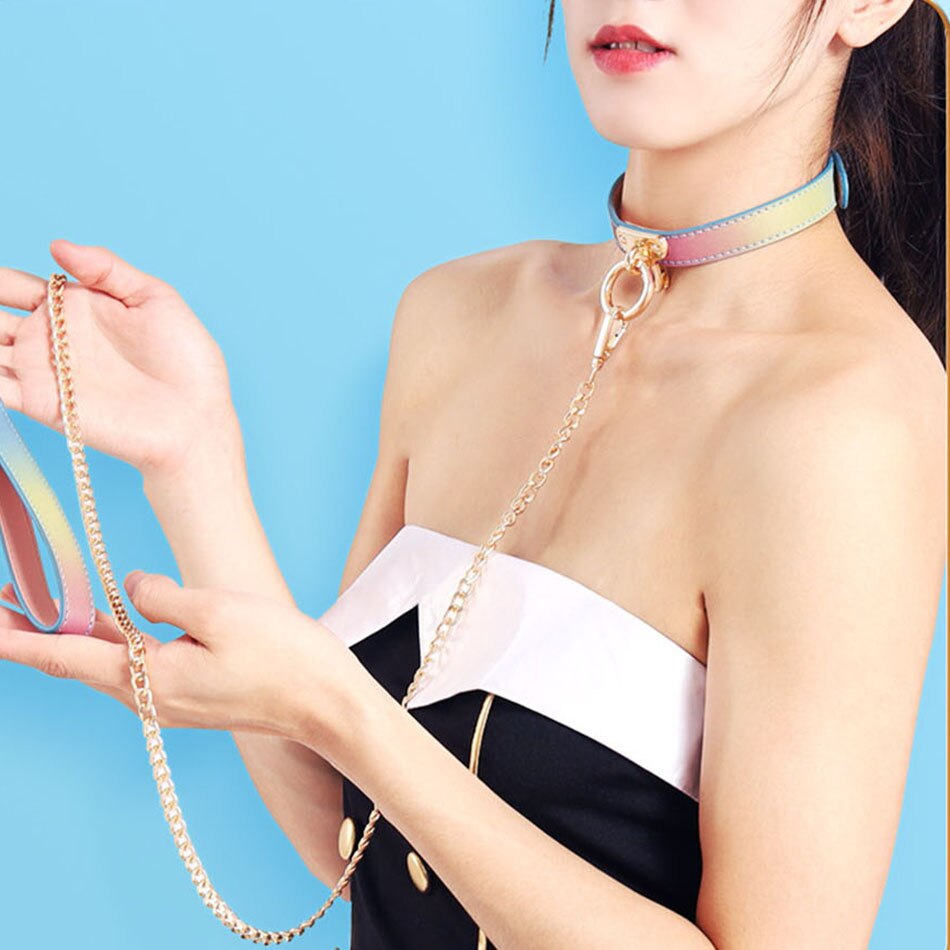 PU collar & leash over 1 meter MT - Collar & Leash - Rainbow Blue photo-2