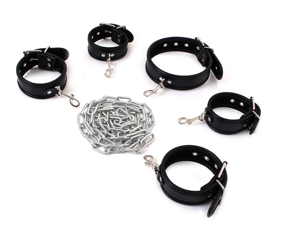 Slave chain bondage, hand and ankle cuffs and a collar. This... Kiotos - Body Restraints Set - Black photo-2