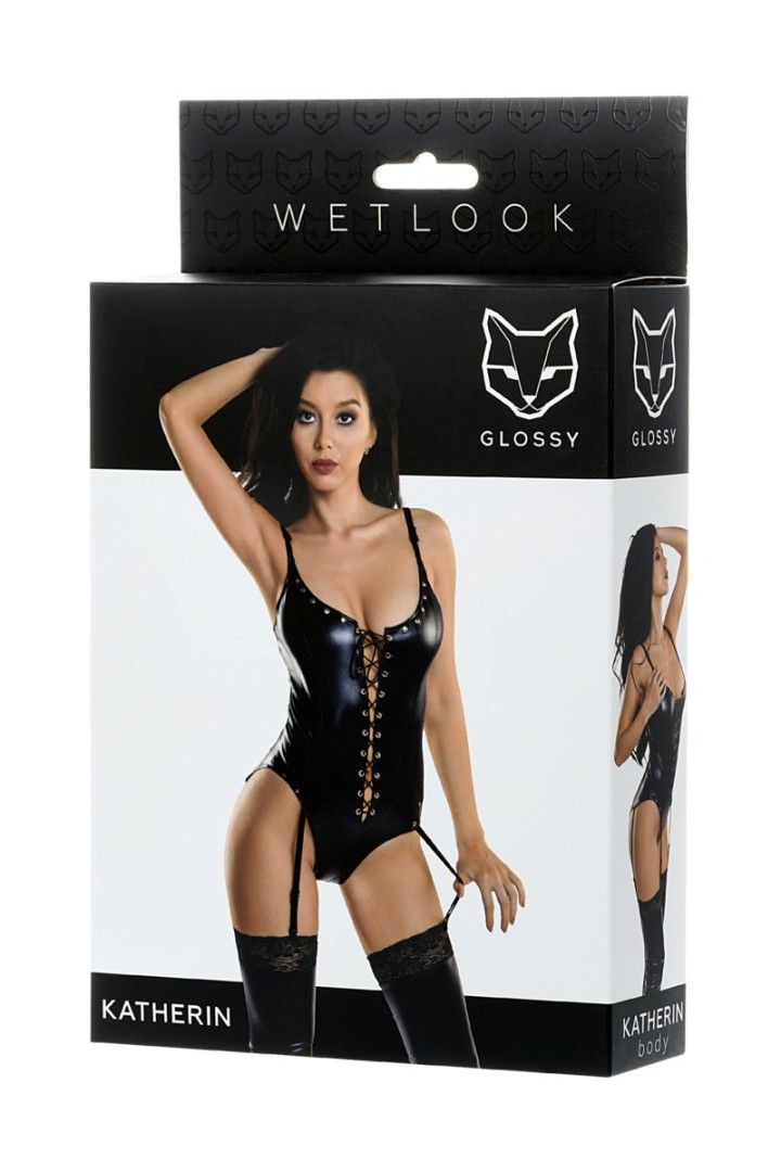 Classic bodysuit with modern design: braces, metal rivets an... Glossy - Katherin Wetlook Body - Black - M photo-5