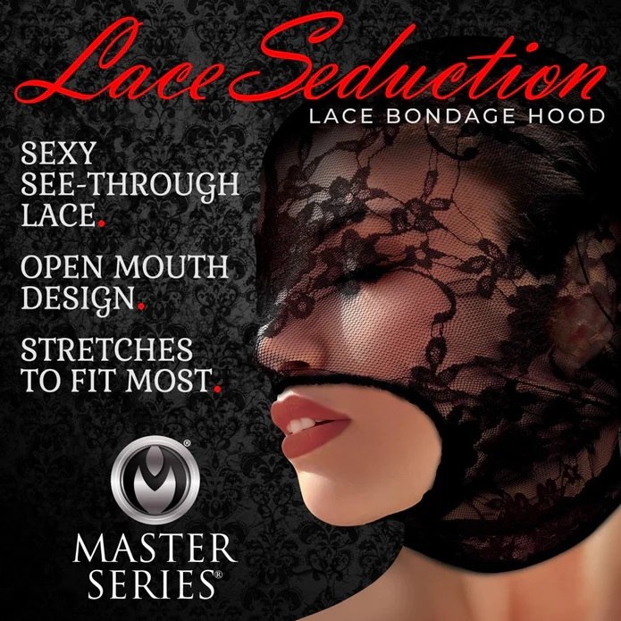 Don this delicate disguise and become the seductive submissi... Master Series - Lace Seduction Bondage Hood - Black photo-2