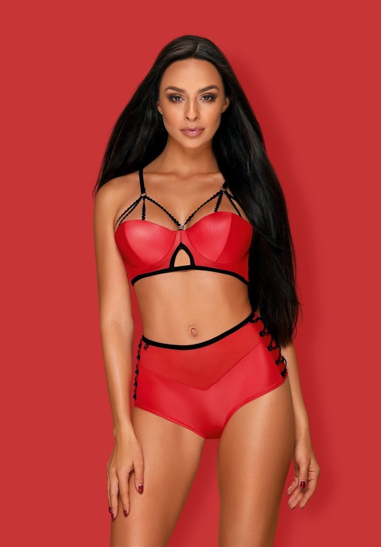 A sensual set that adds raciness? Leatheria! Now not only in... Obsessive - Leatheria 2-pcs Set - Red - L/XL photo-5