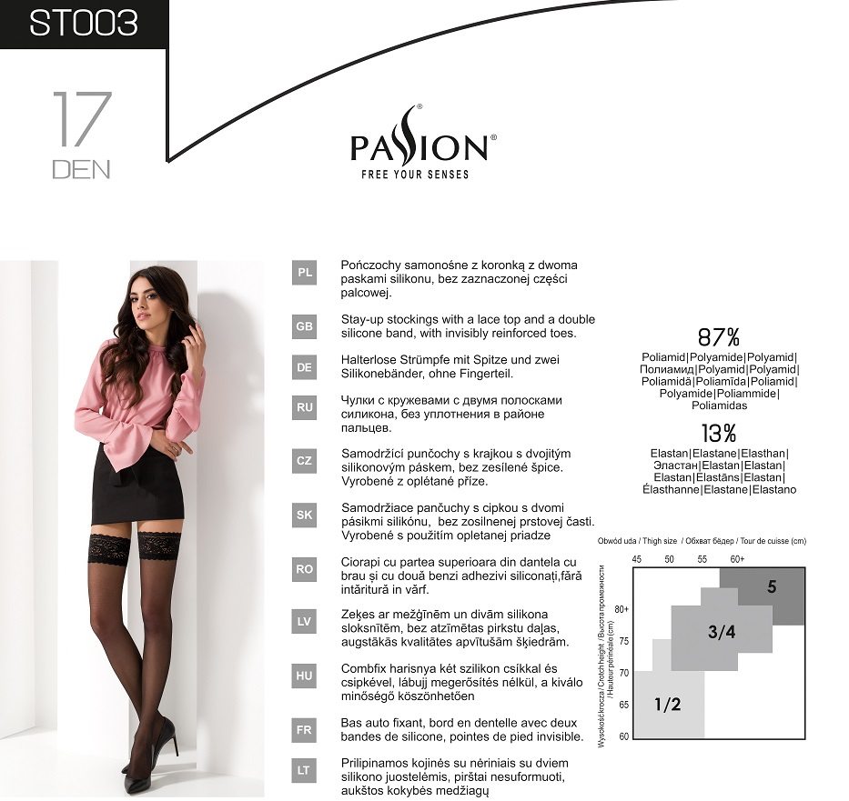 Self-supporting stockings with lace, two strips of silicone,... Passion - ST003 Stockings - Black - 5 photo-3