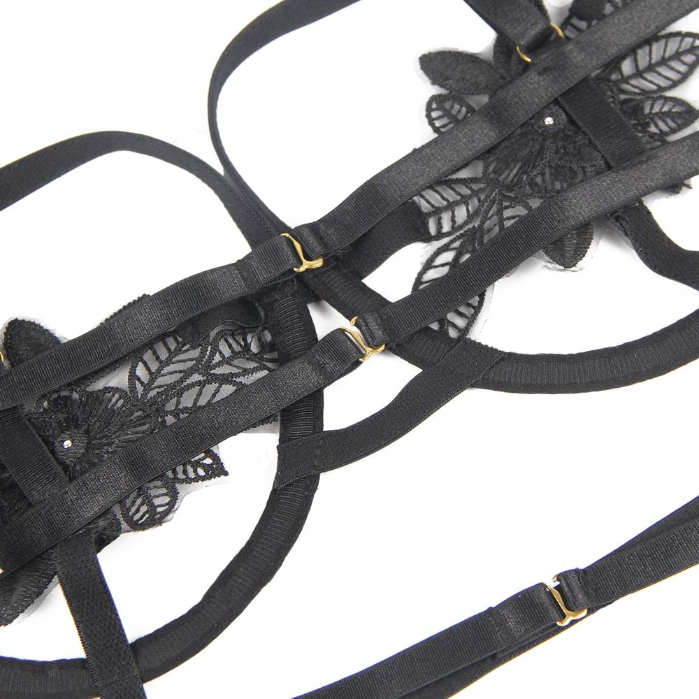 Sexy 3pcs Black Elegant Embroidery Applique Feather Bra Pant... Ohyeah - Feather Underwire Set - Black - M photo-9