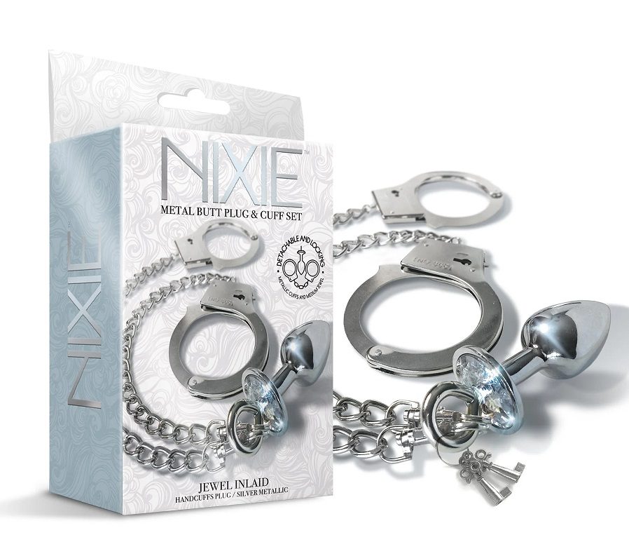 Anal play and bondage all in one! Metal cuffs chained to a d... Nixie - Metal Plug w Cuffs - Silver photo-5