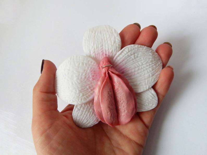 Pink vulva jewelry, Pussy pin, Vulva flower, Yoni brooch, Er... Big White Statement Orchid Vagina Brooch photo-2