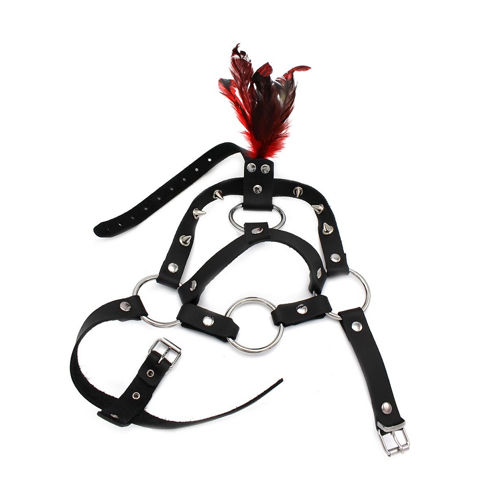 Head harness made of leather with O-ring Ø 45 mm and decorat... Kiotos - Head Harness w Feather photo-2