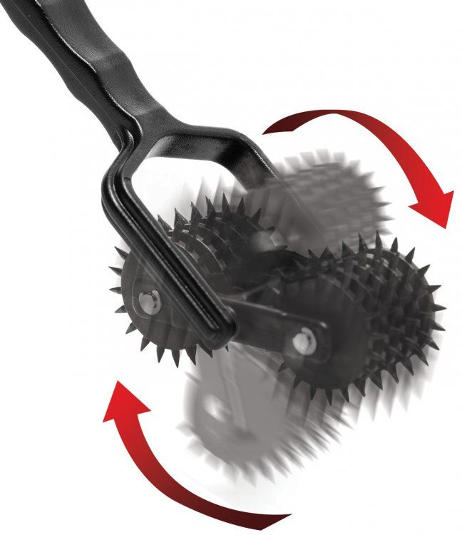 Experience a light side of BDSM with a unique pinwheel with ... Master Series - Transfix 10 Reel Dual Pinwheel - Black photo-2