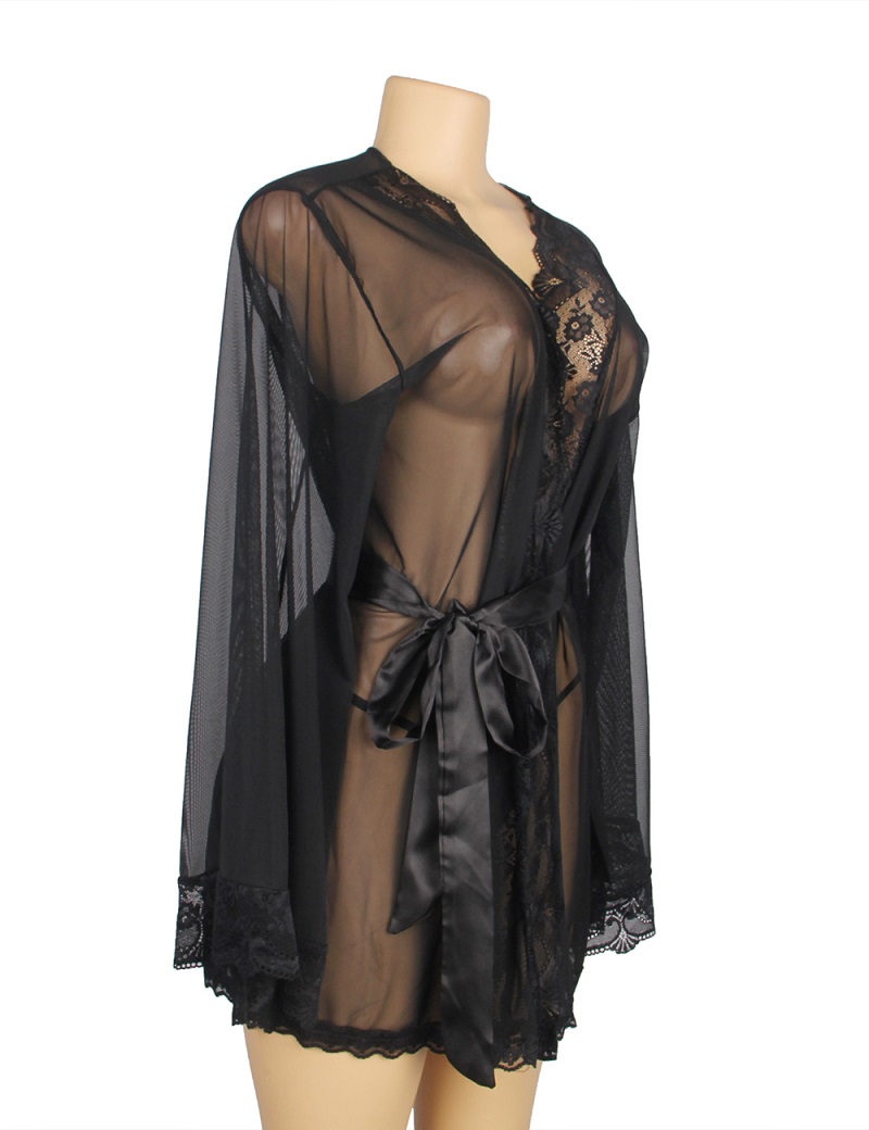 Long sleeve mesh sleepwear elegance robe with belt
Material... Ohyeah - Romantic Robe - Black - 5XL photo-7