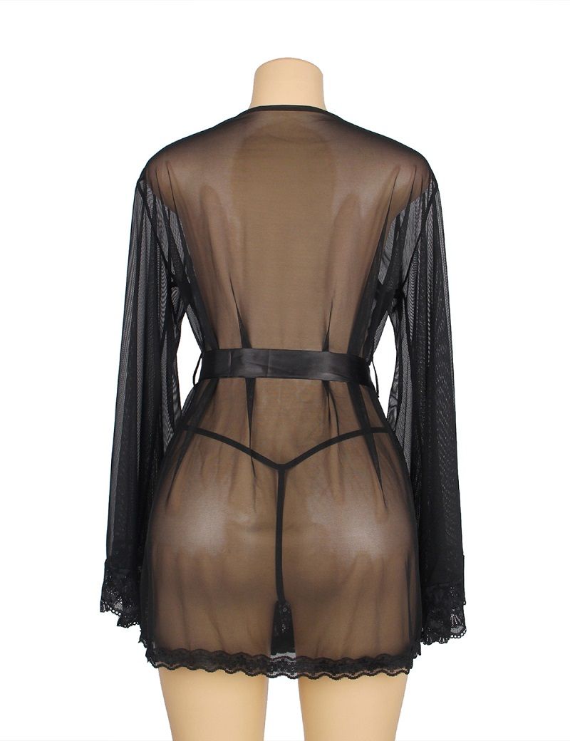 Long sleeve mesh sleepwear elegance robe with belt
Material... Ohyeah - Romantic Robe - Black - 3XL photo-6