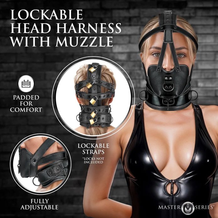 This vegan leather head harness with a muzzle is the perfect... Master Series - Lockable Head Harness - Black photo-2