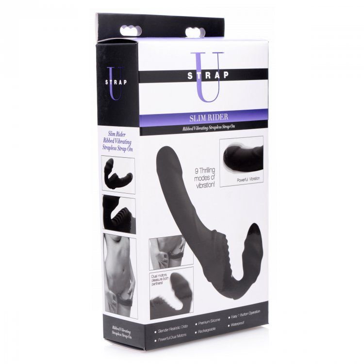A slender shaft, subtle textures, and 9 incredible modes of ... Strap U - Slim Rider Ribbed Vibrating Strapless Strap On - Black photo-8