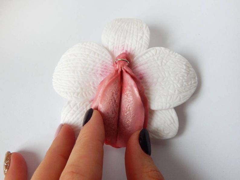 Pink vulva jewelry, Pussy pin, Vulva flower, Yoni brooch, Er... Big White Statement Orchid Vagina Brooch photo-5
