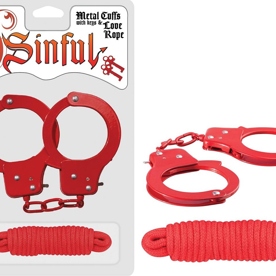 Sinful Metal Cuffs with Keys & Love Rope are your ticket to ... Nasstoys - Sinful Metal Hand Cuffs w Rope - Red photo-4