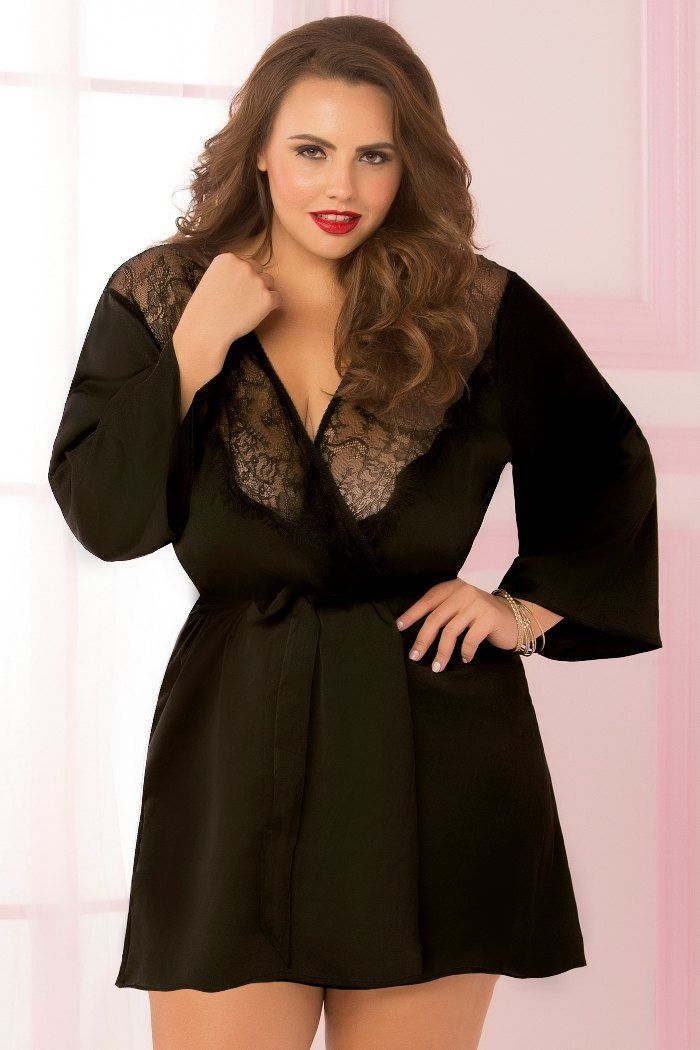 Satin and eyelash lace robe with 3/4 sleeves, sash and lace ... STM - Toast of the Town Robe - Black - Queen Size photo-3