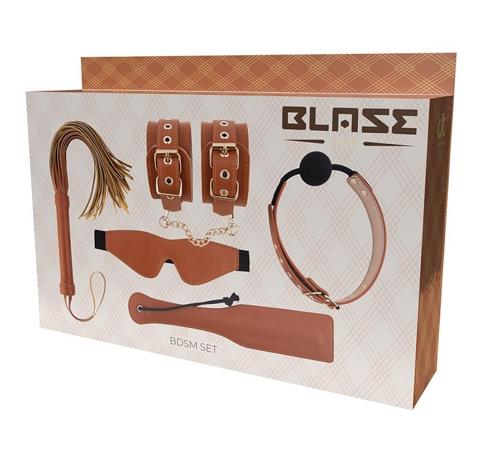 The Blaze Elite BDSM set contains a pair of handcuffs, a bal... Dreamtoys - Blaze Elite BDSM Set - Brown photo-3