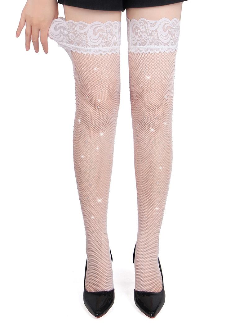 Main fabric is high-elasticity nylon yarn, soft and close-fi... Ohyeah - Lace Rhinestone Stockings - White - XL photo-3