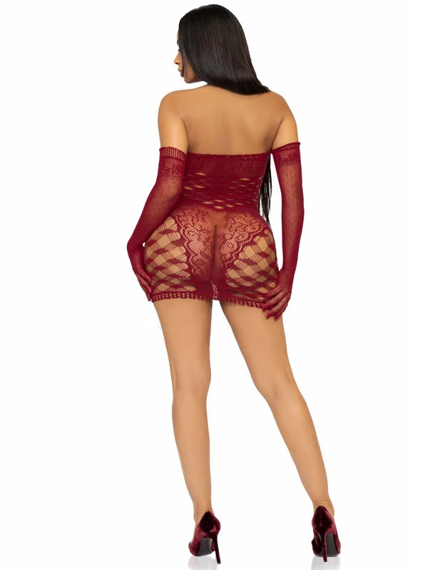 Heat up the night in this ultra-sexy net and lace dress set ... Leg Avenue - Waiting Game Dress Set - Burgundy photo-6
